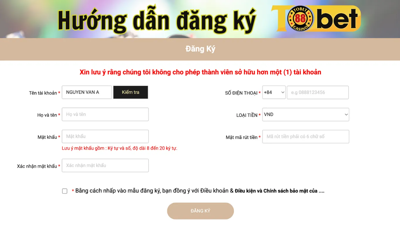 Hướng dẫn đăng ký tài khoản thành viên tại tobet88